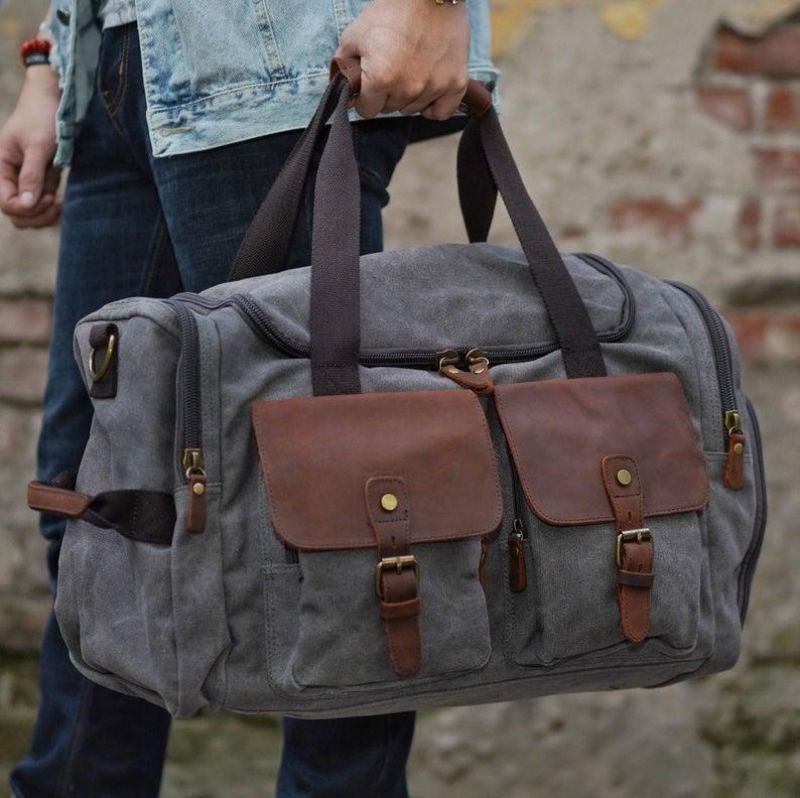 Canvas Duffel Bag Oversized Ekte Skinnvesker