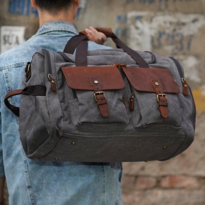 Canvas Duffel Bag Oversized Ekte Skinnvesker