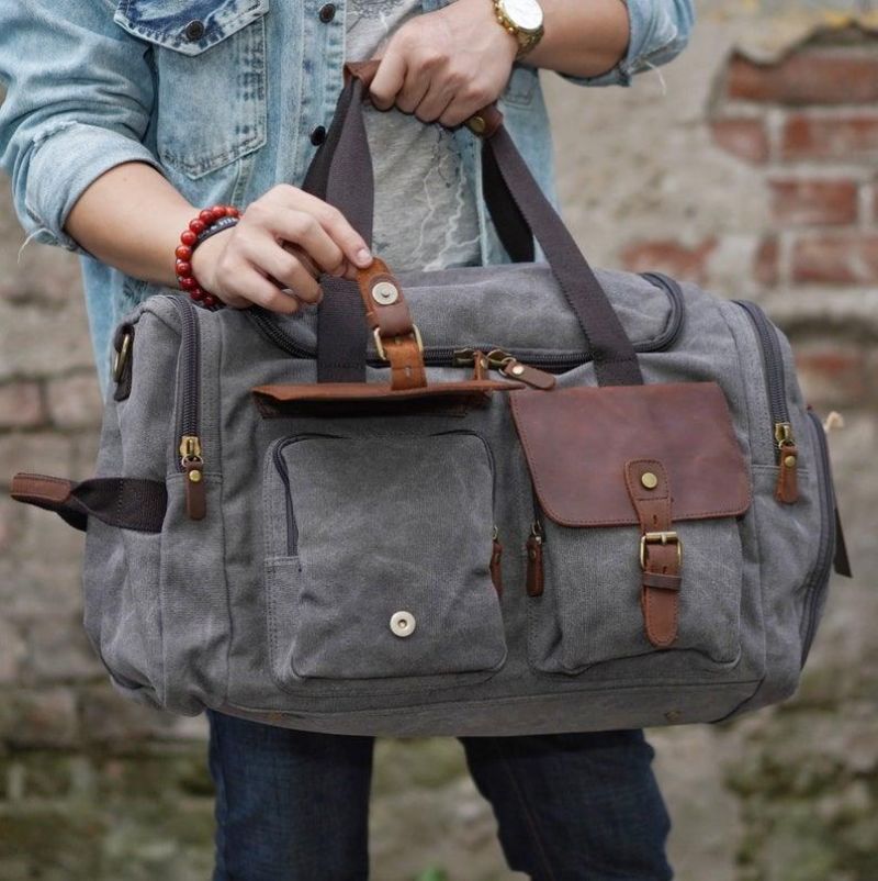 Canvas Duffel Bag Oversized Ekte Skinnvesker