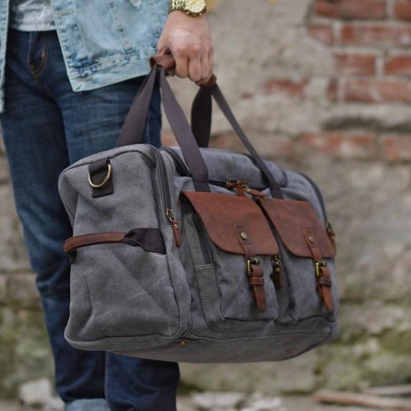 Canvas Duffel Bag Oversized Ekte Skinnvesker