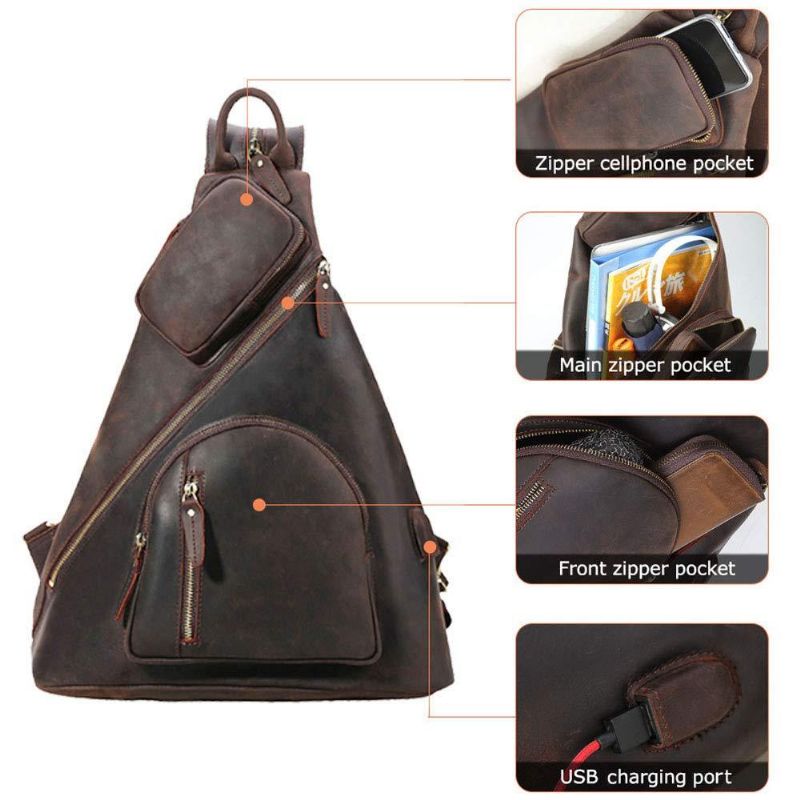 Casual Leather Sling Ryggsekk Med Usb-port