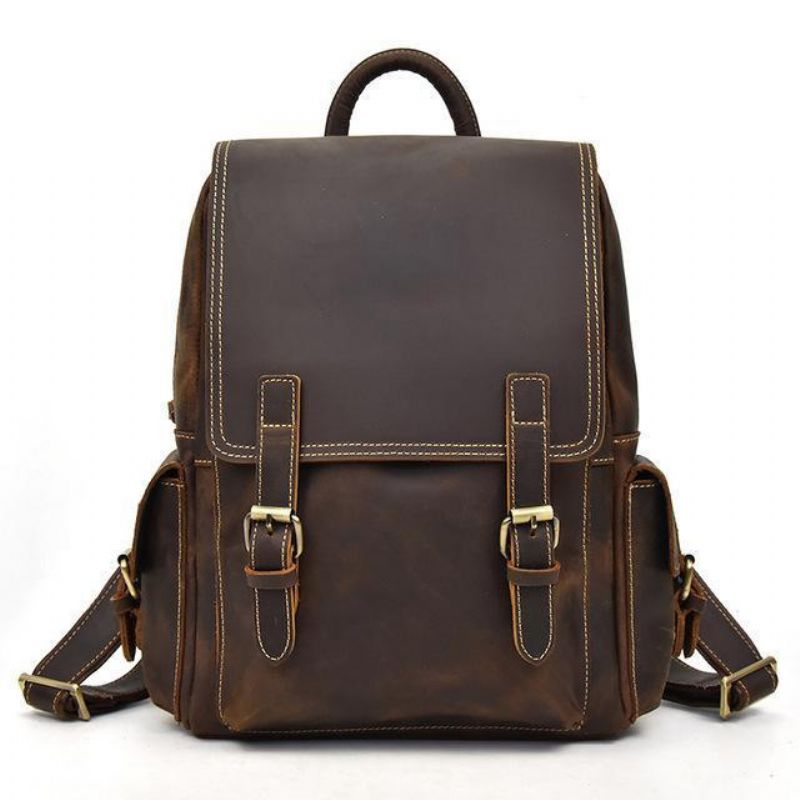 Crazy Horse Leather Backpack Fit 14-tommers Bærbar Pc