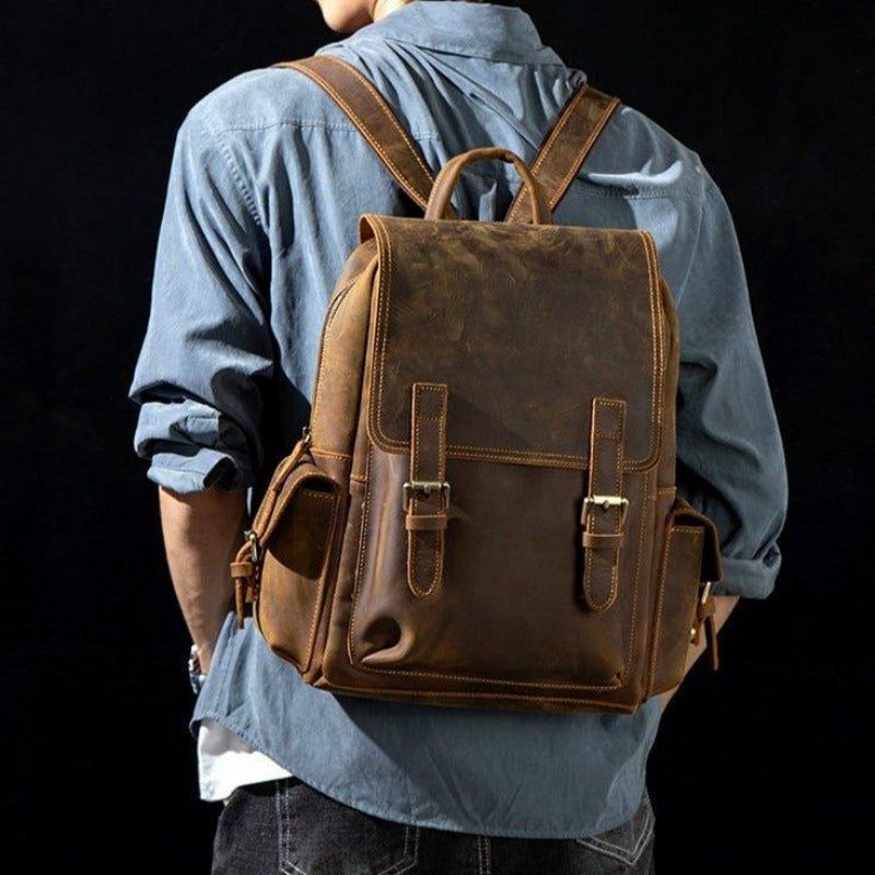 Crazy Horse Leather Backpack Fit 14-tommers Bærbar Pc