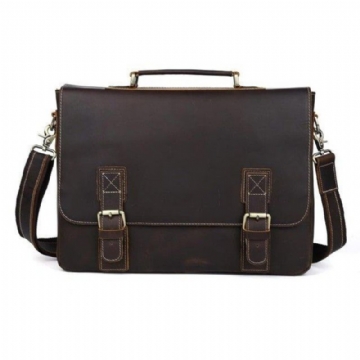 Crazy Horse Leather Messenger Bag Fit 16-tommers Bærbar Pc