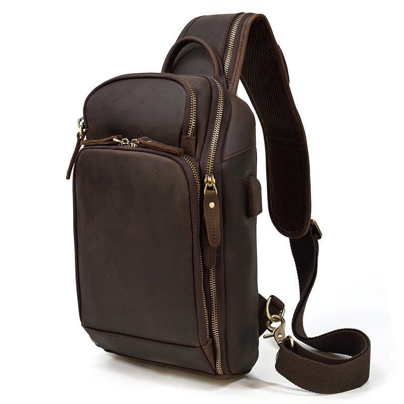 Cross Body Sling Bag Av Okseskinn Med Usb-port