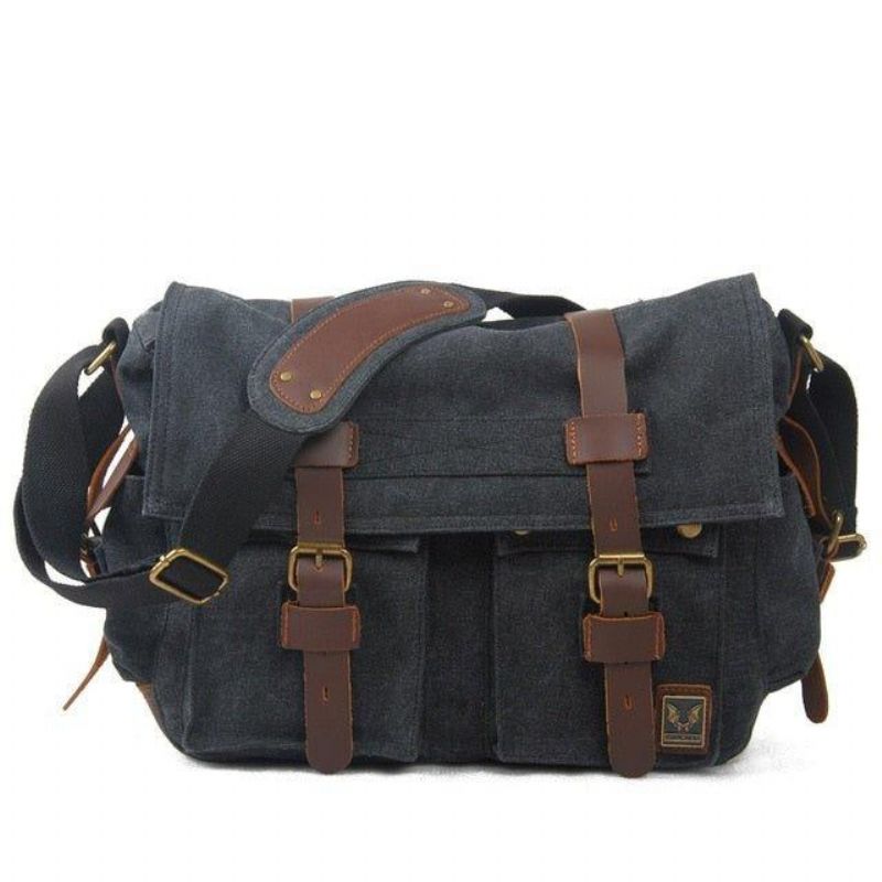 Kameraveske I Lær Lerret Vintage Messenger Bag