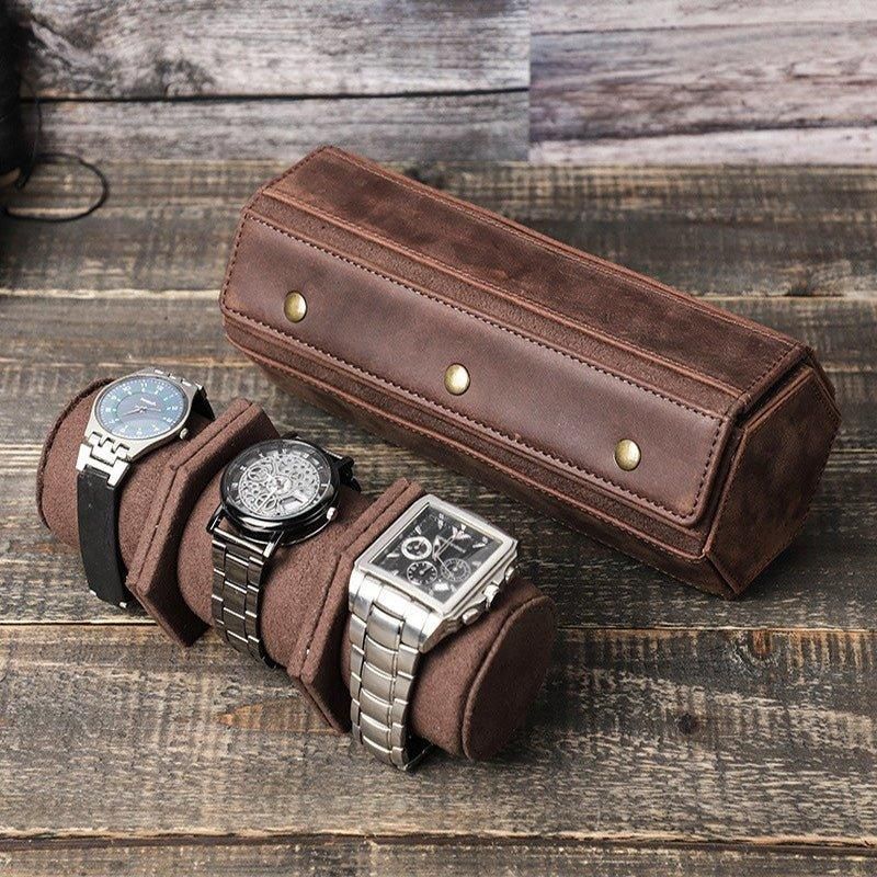 Leather Hexagon Watch Roll Case For 3 Klokker