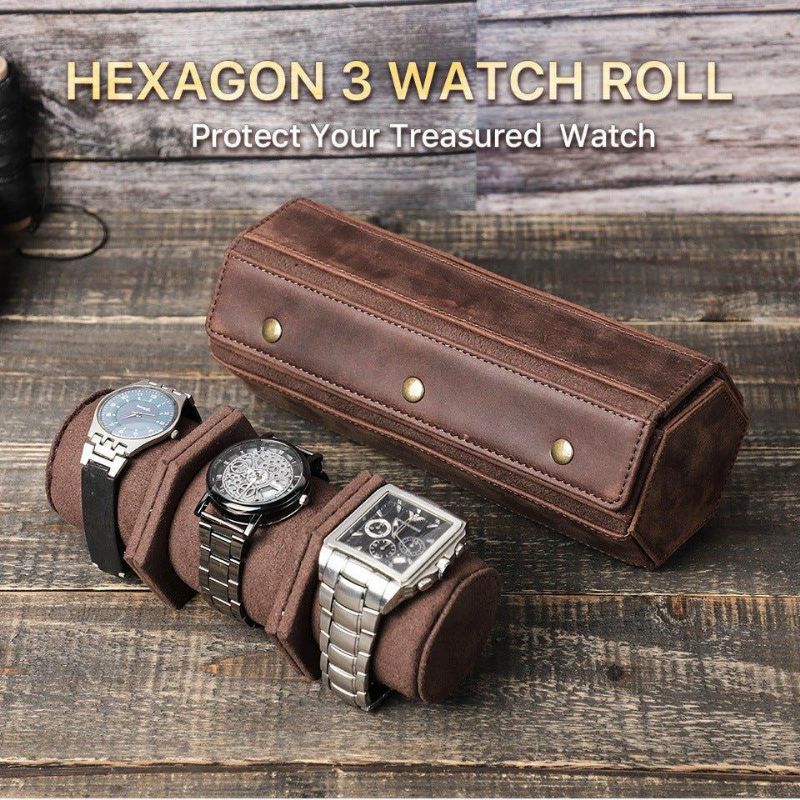 Leather Hexagon Watch Roll Case For 3 Klokker