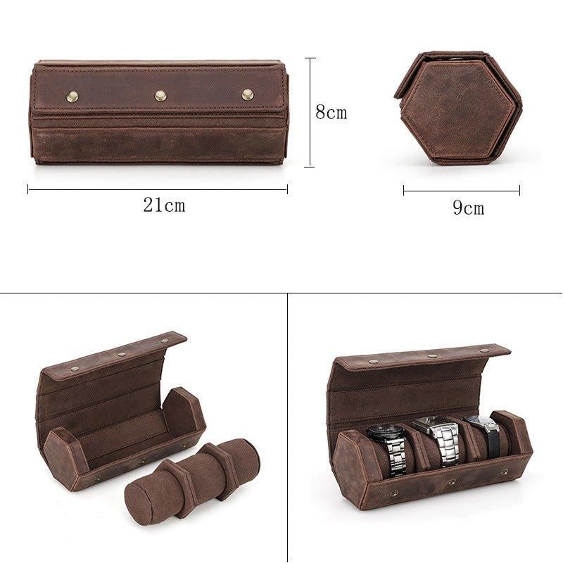 Leather Hexagon Watch Roll Case For 3 Klokker