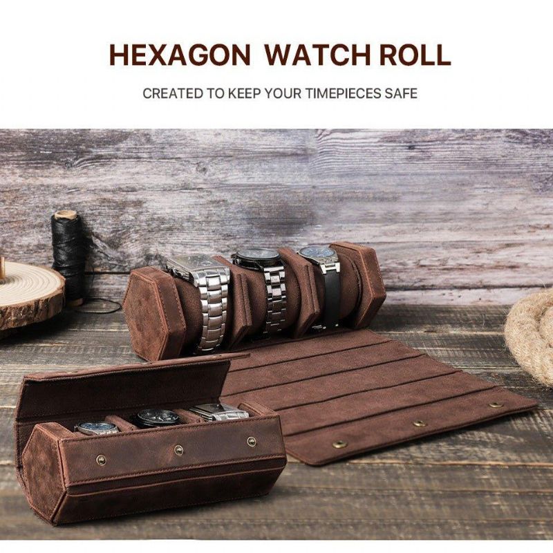 Leather Hexagon Watch Roll Case For 3 Klokker