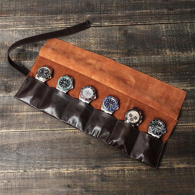 Leather Watch Travel Roll Case For 6 Klokker