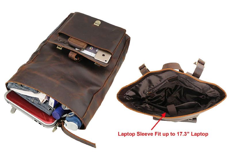 Stor Leather Roll Top Ryggsekk Laptop 17 Tommer