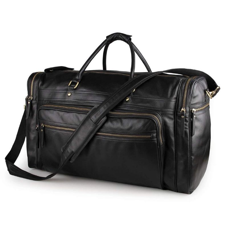 Svart Leather Travel Duffle Bag Menn Large