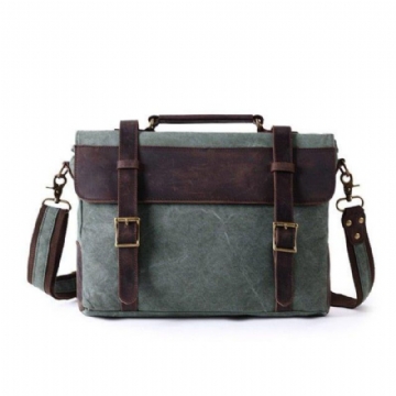 Vintage Messenger Bag I Canvas Ekte Skinn