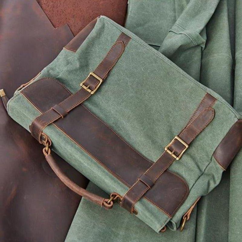 Vintage Messenger Bag I Canvas Ekte Skinn