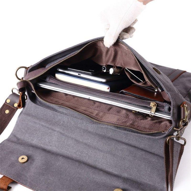 Vintage Messenger Bag I Canvas Ekte Skinn