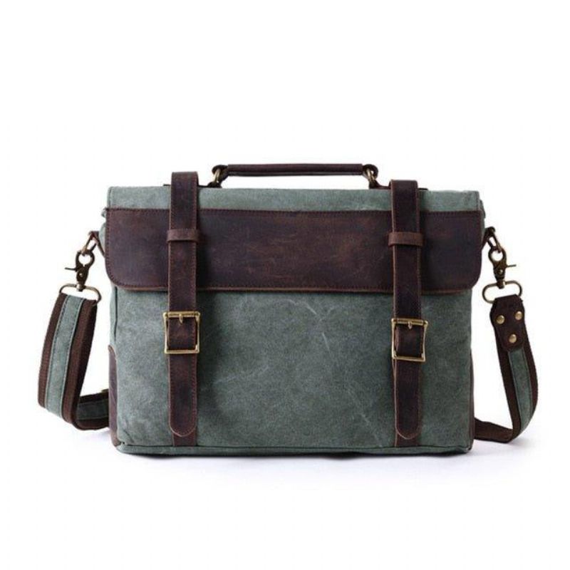 Vintage Messenger Bag I Canvas Ekte Skinn