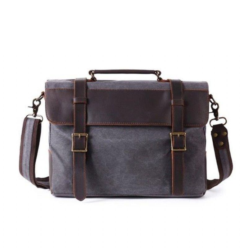 Vintage Messenger Bag I Canvas Ekte Skinn