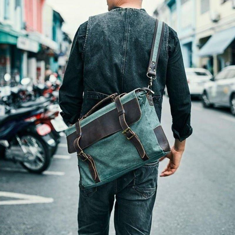 Vintage Messenger Bag I Canvas Ekte Skinn